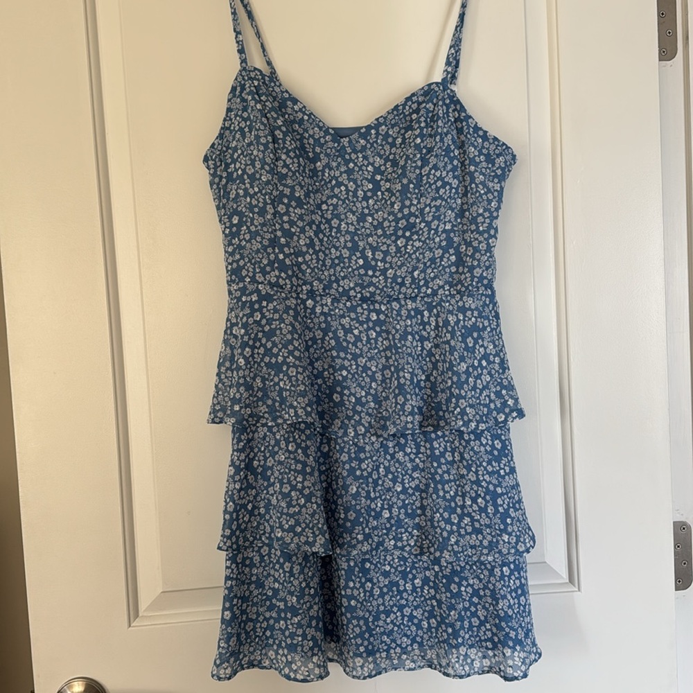 Blue Floral Print Ruffle Dress